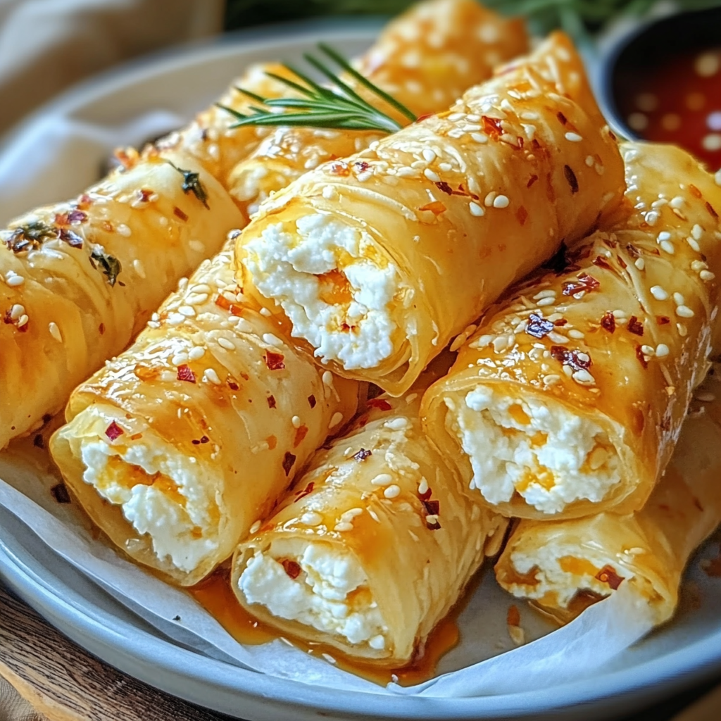 Oven Fried Feta Rolls with Chili Honey