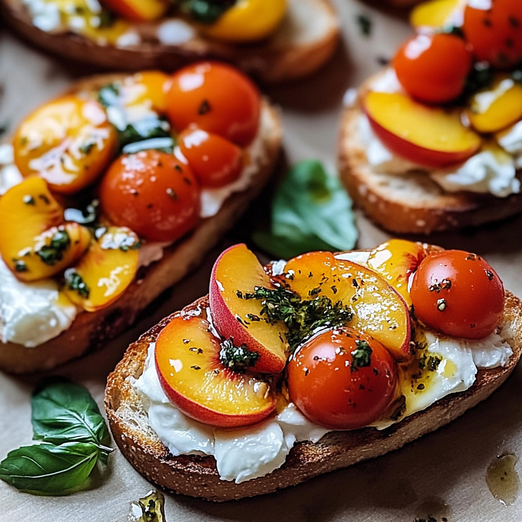 Peach Burrata Crostini with Tomato Vinaigrette